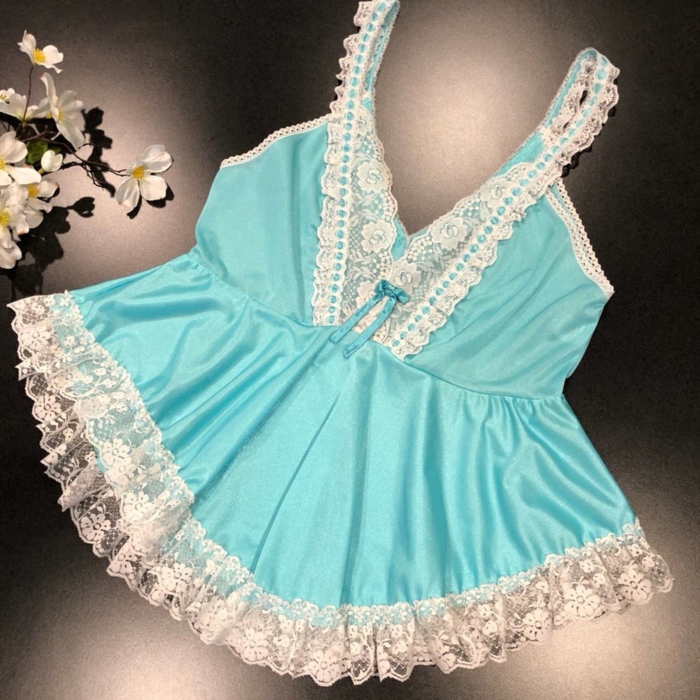 Vintage Glencraft Aqua Blue Lace Peplum Chemise Camisole Tank Lingerie Top